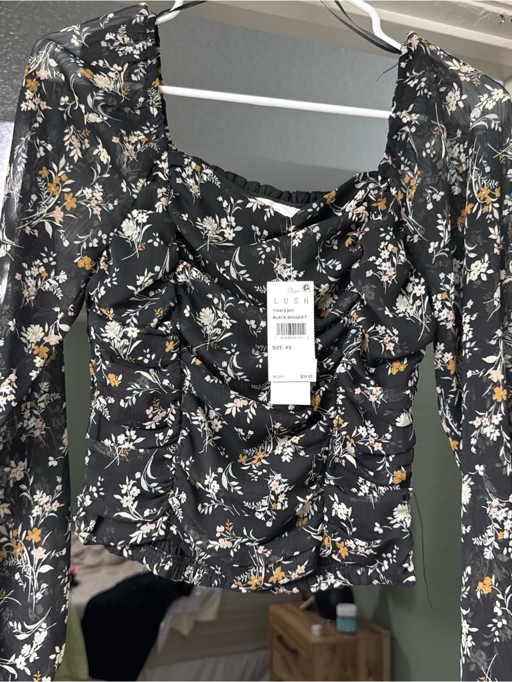 Lush Black Floral Ruffle Square-Neck Blouse